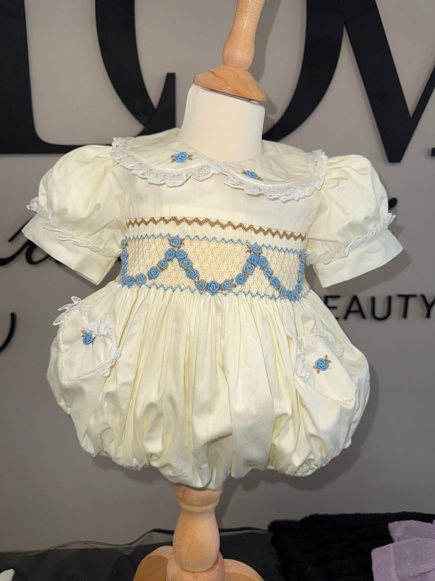 Cream & blue smock romper