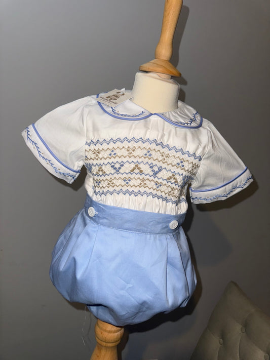 Baby blue romper smocked suit