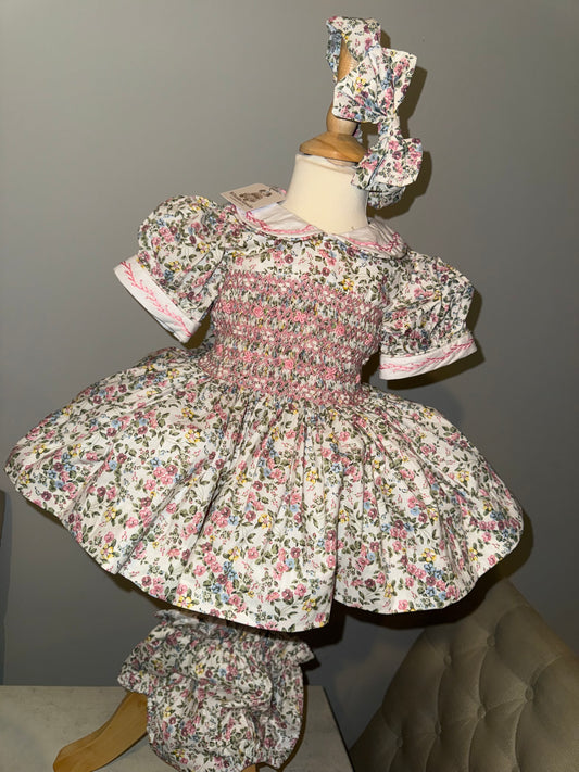 Green Floral dress with pink smock